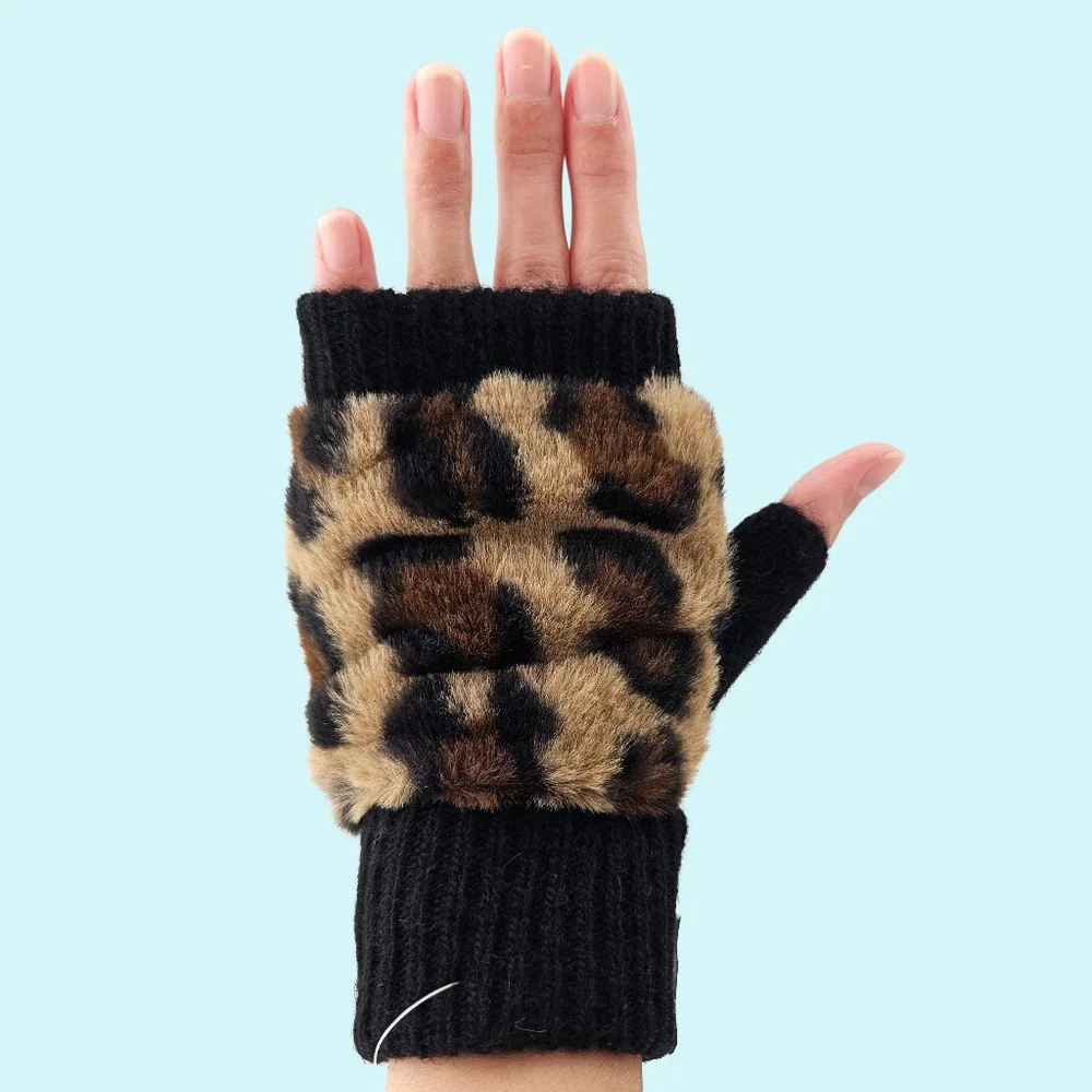 Adrienne Landau Gloves Fingerless Black Leopard Wool Blend Faux Fur Cottagecore